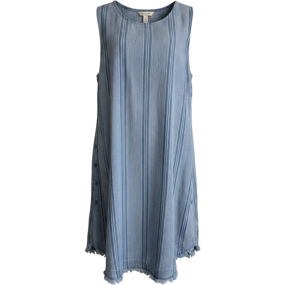 Chelsea & Theodore Blue Striped Tencel Shift Dress M Frayed Hem Side Buttons NWT